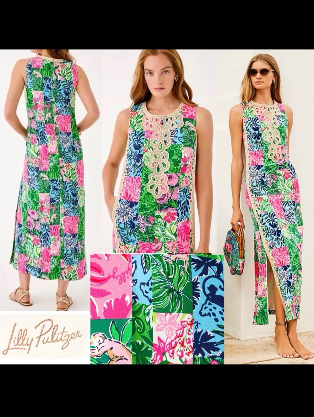 Lilly Pulitzer Pink, Green & Blue Patchwork Sleeveless Maxi dress